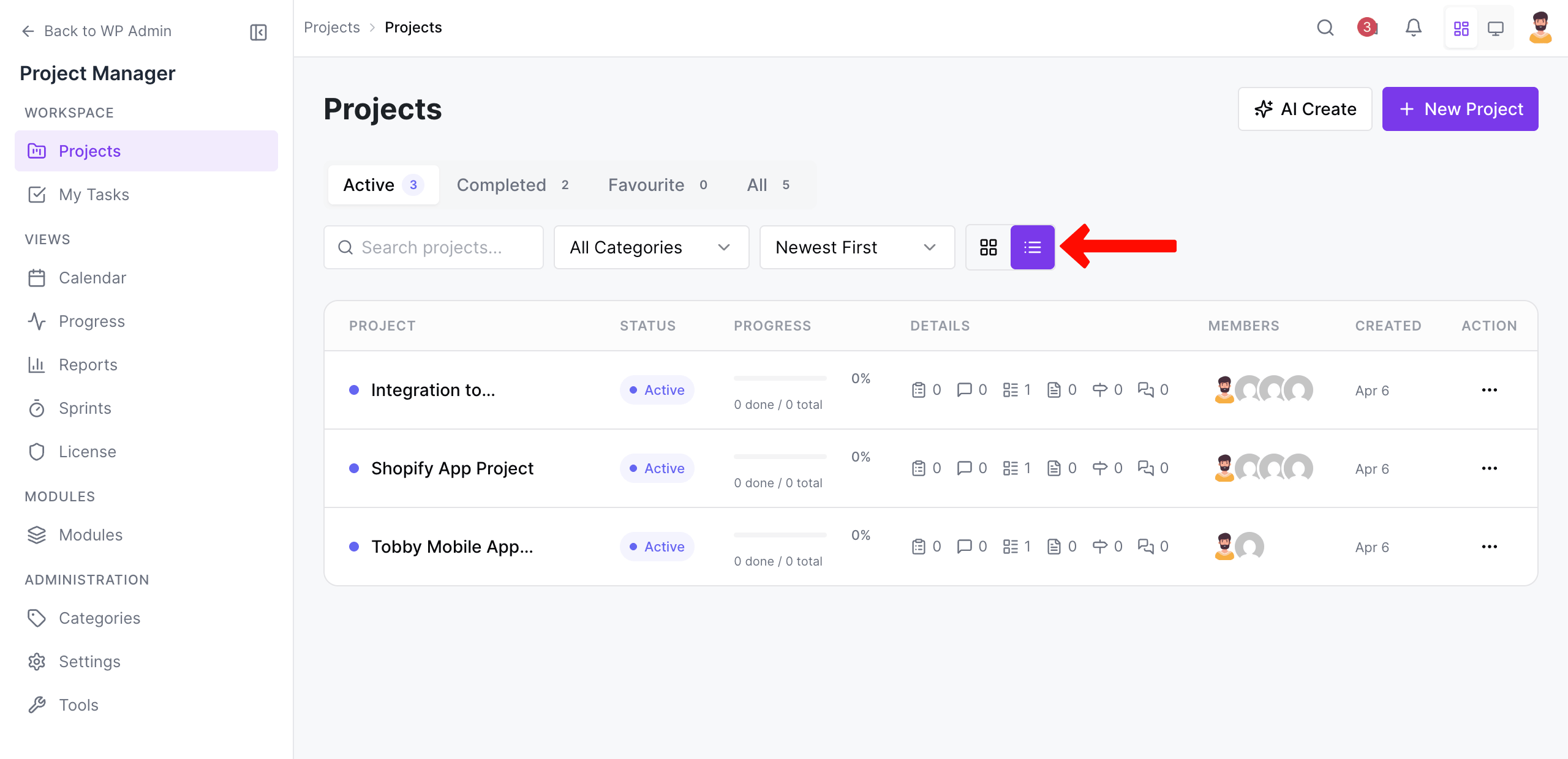 List view of your all projects
