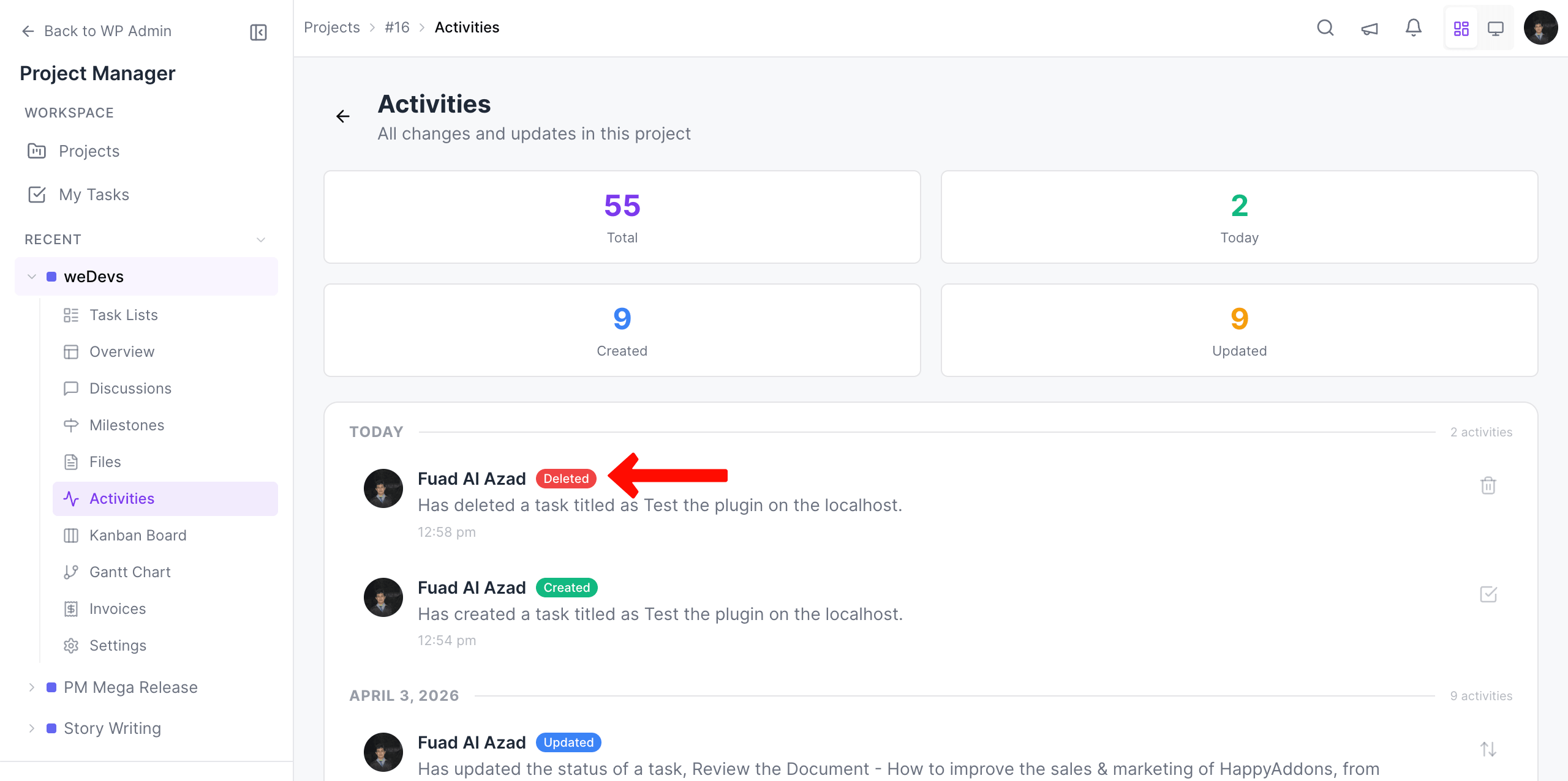 My Tasks Activities in WP Project Manager