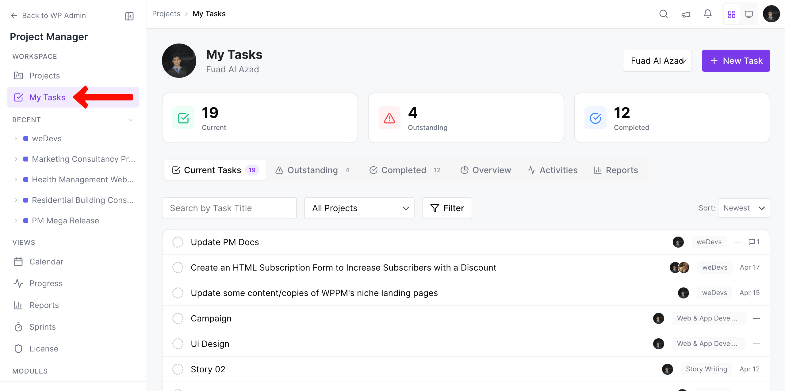 My tasks on WP Project Manager