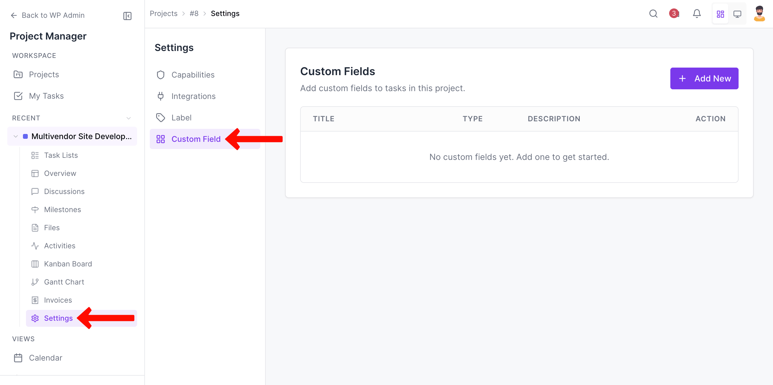 Navigation to Settings WP Project Manager