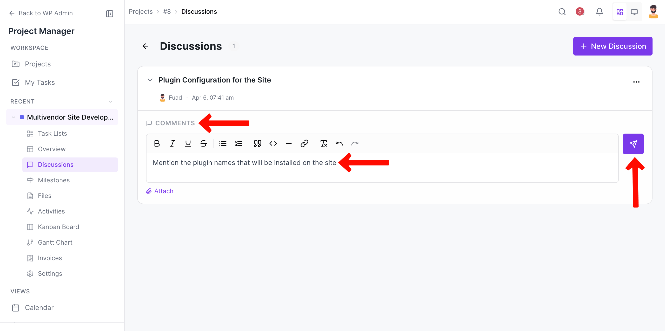 Nofity users in WP Project Manager discussion