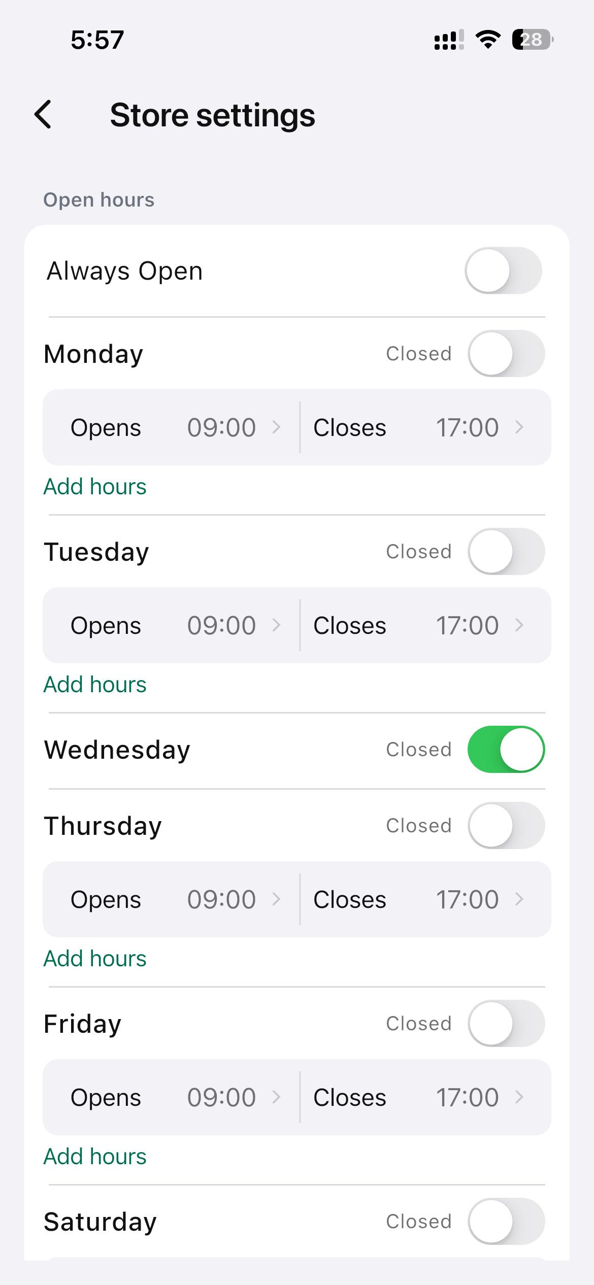 Meet SellBuddy: A Mobile Ecommerce App Designed for WooCommerce Stores 9 Open Hours Settings
