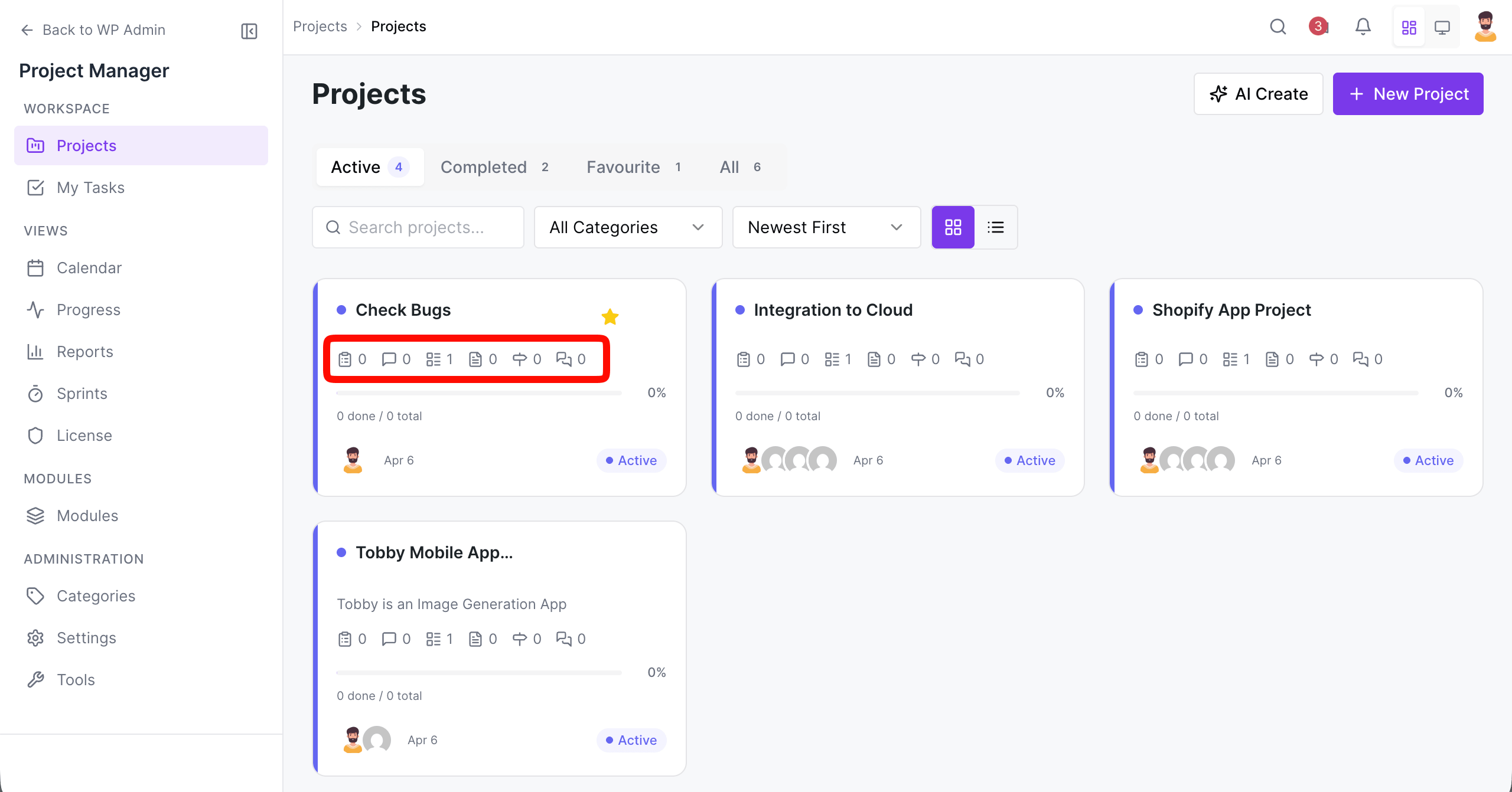 Project shortcuts of WP Project Manager