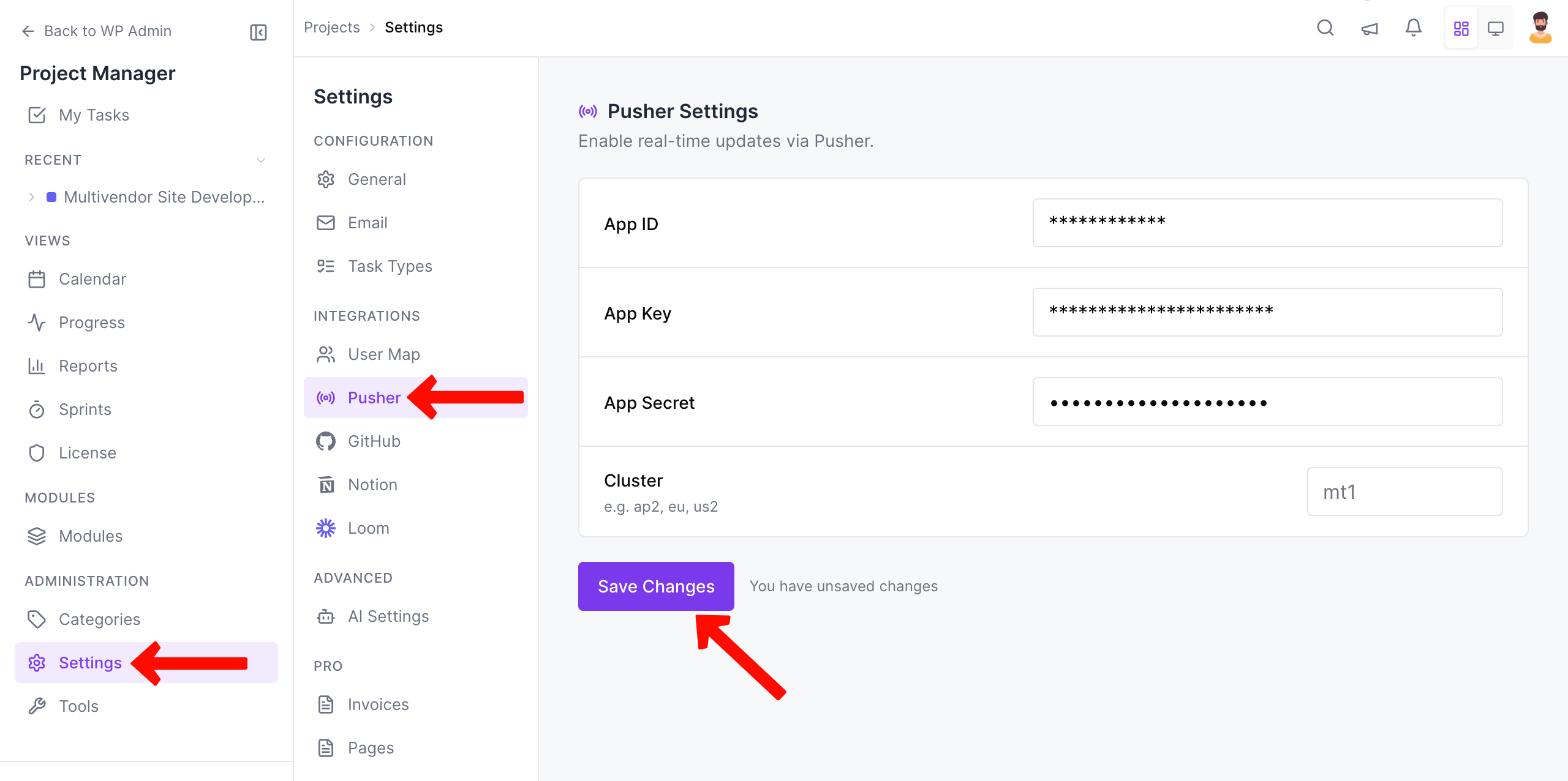 Pusher Notification integration with WP Project Manager