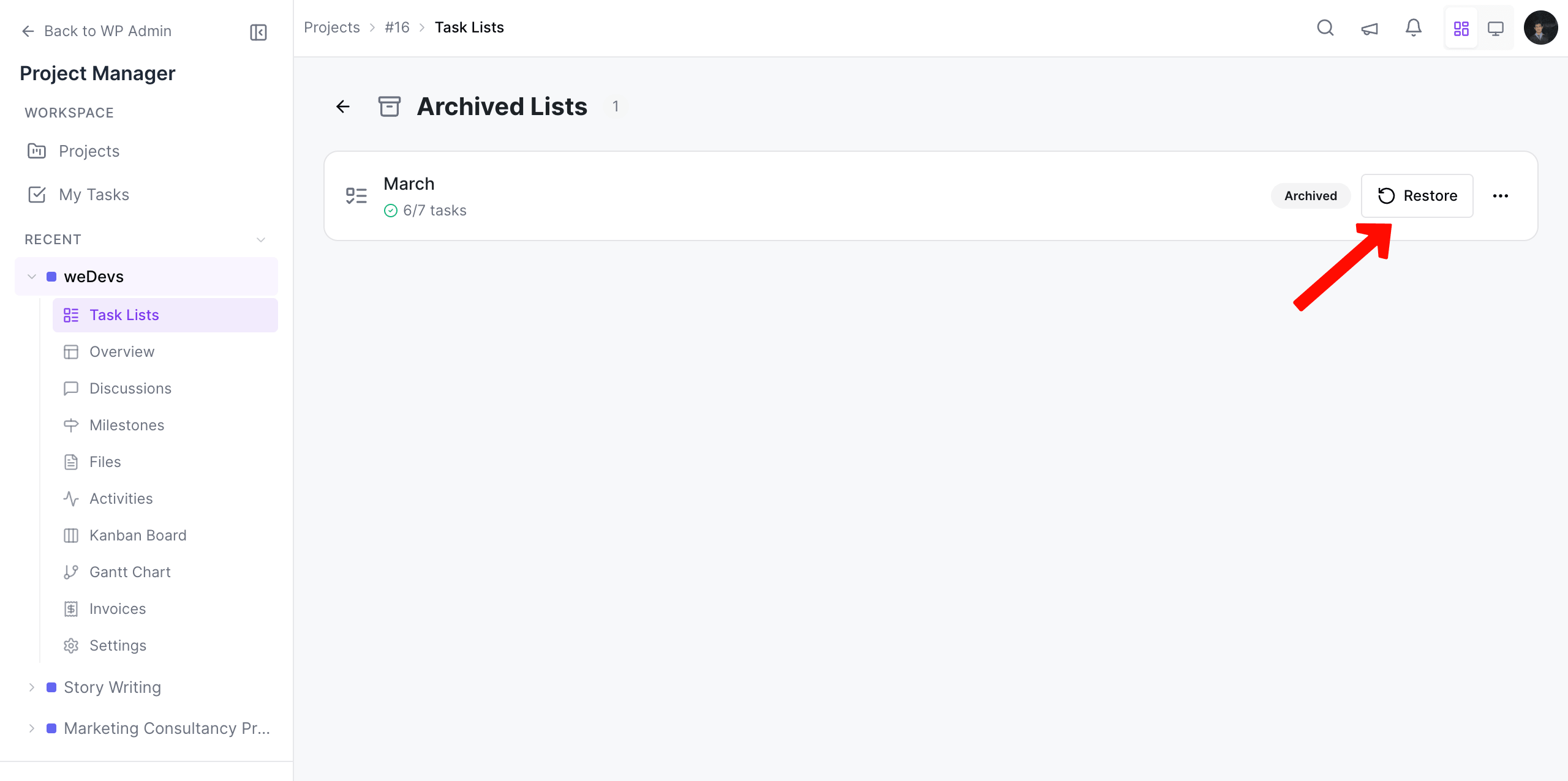 Restore deleted task list in WP Project Manager