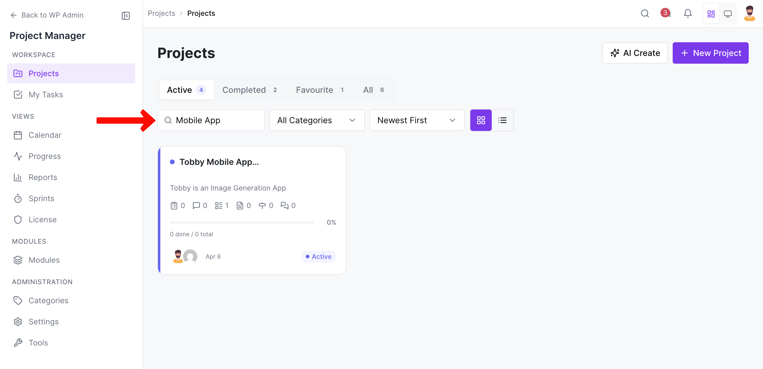 Search projects by global search