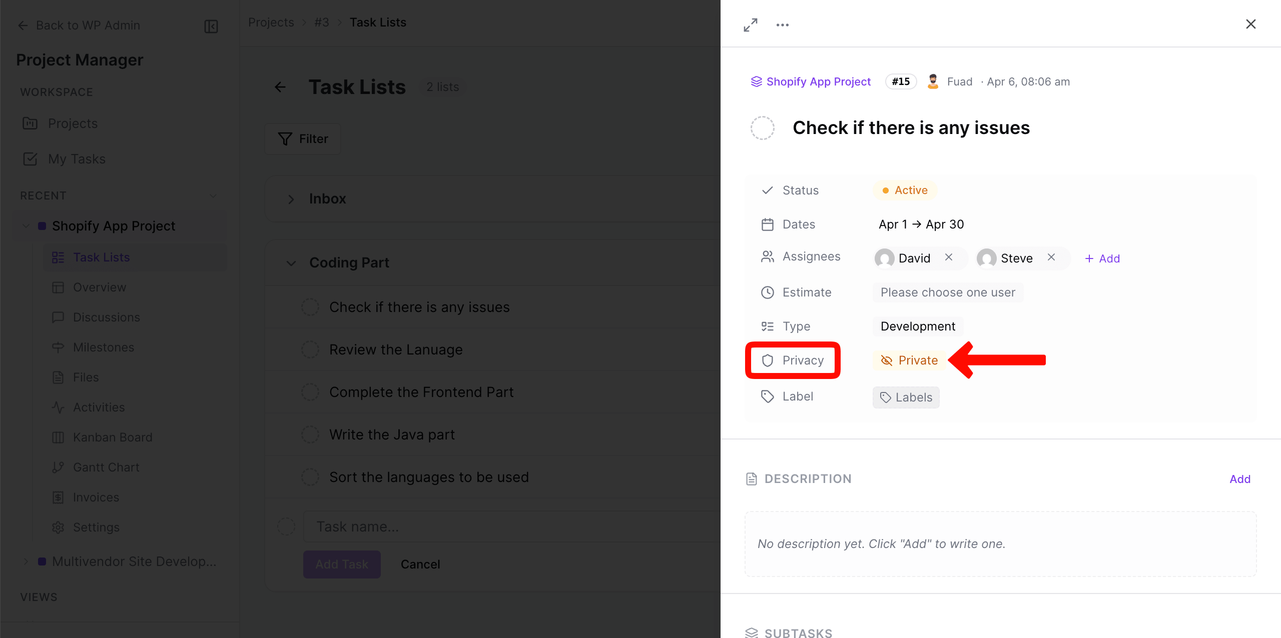 Set Privacy to the Task