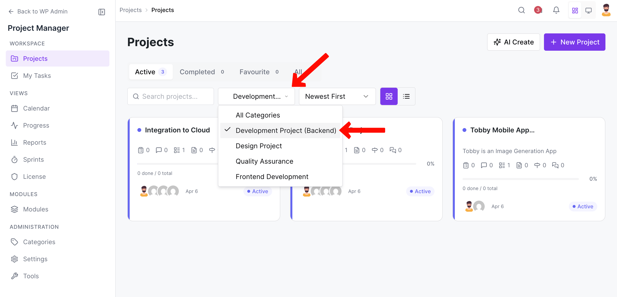 Sort projects by categories
