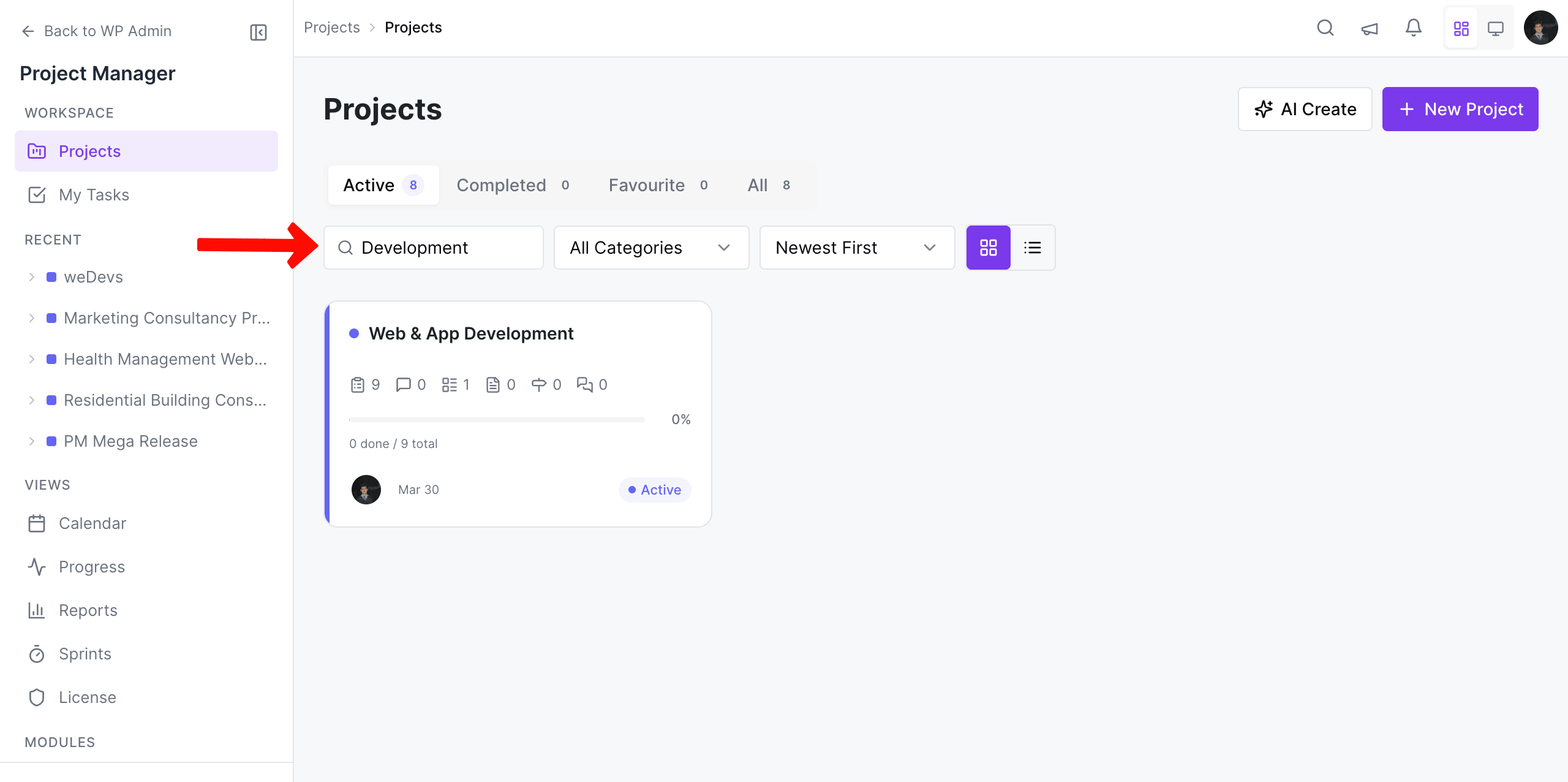 Sort projects by keywords