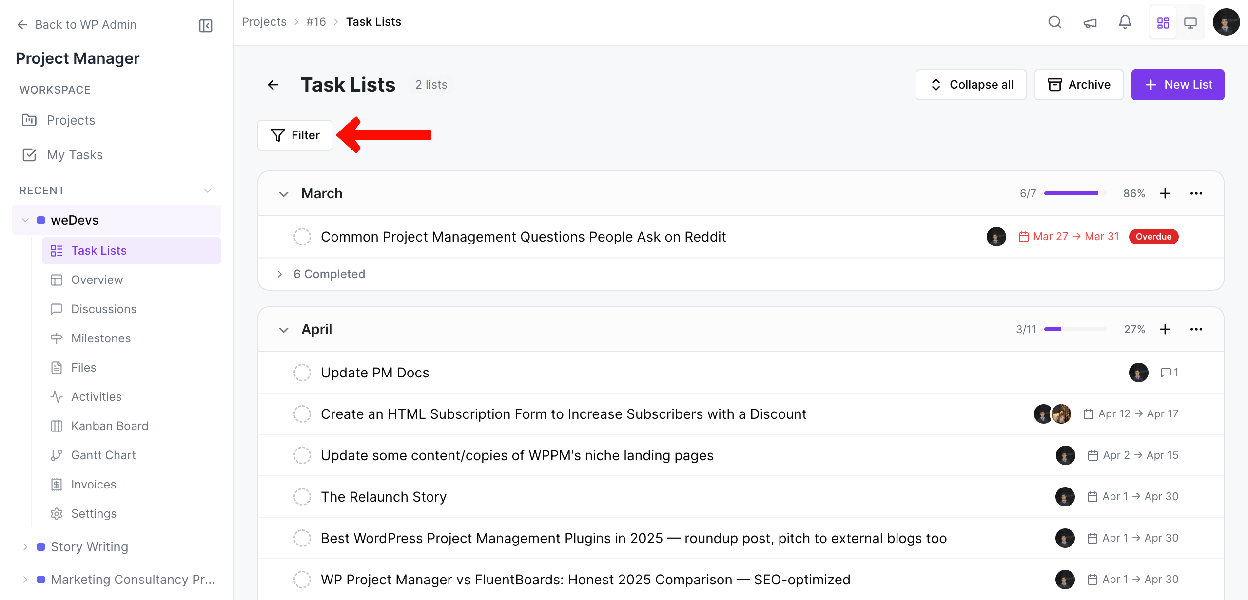 Task Filter in WP Project Manager