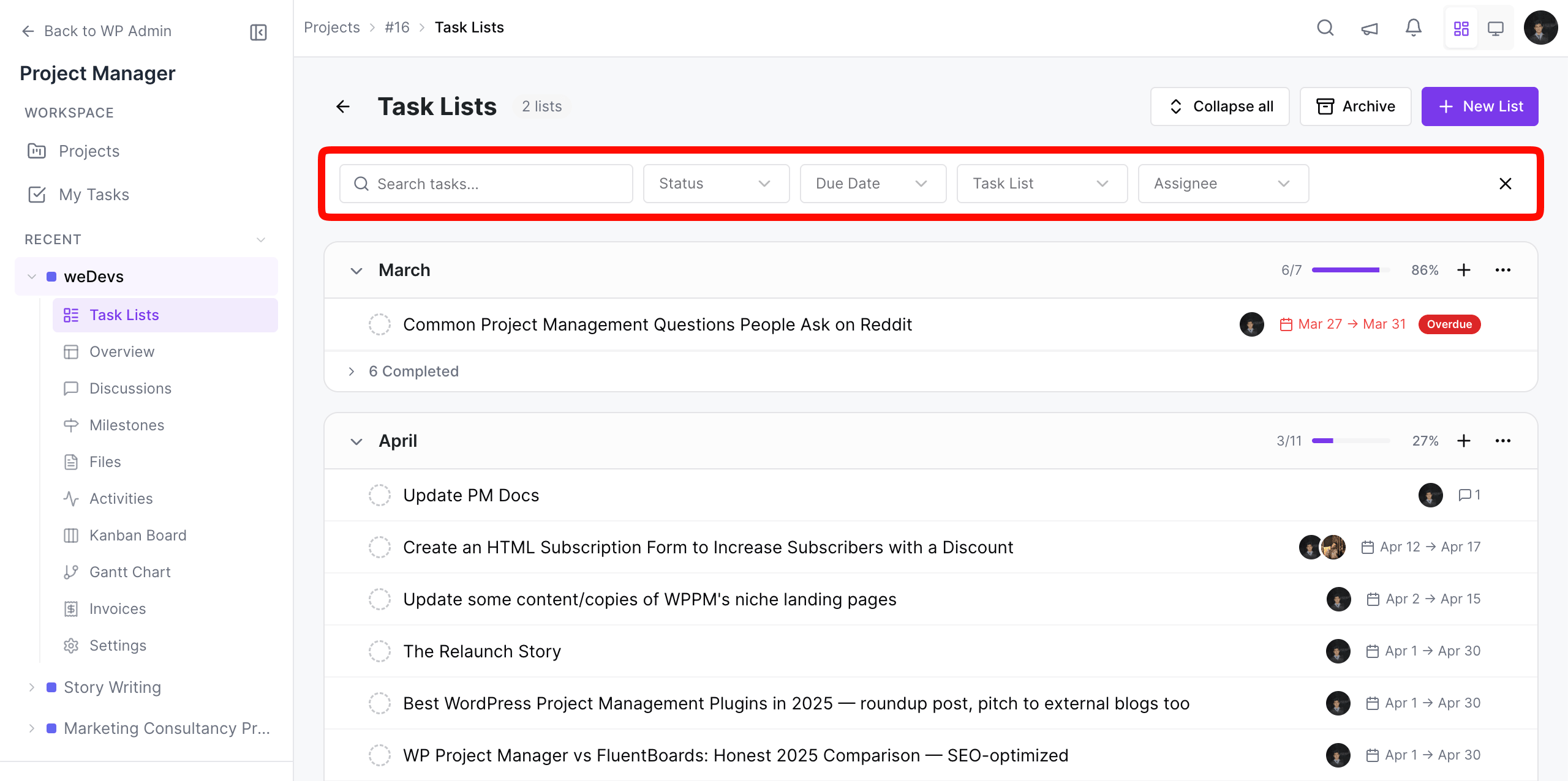 Task list filtering options