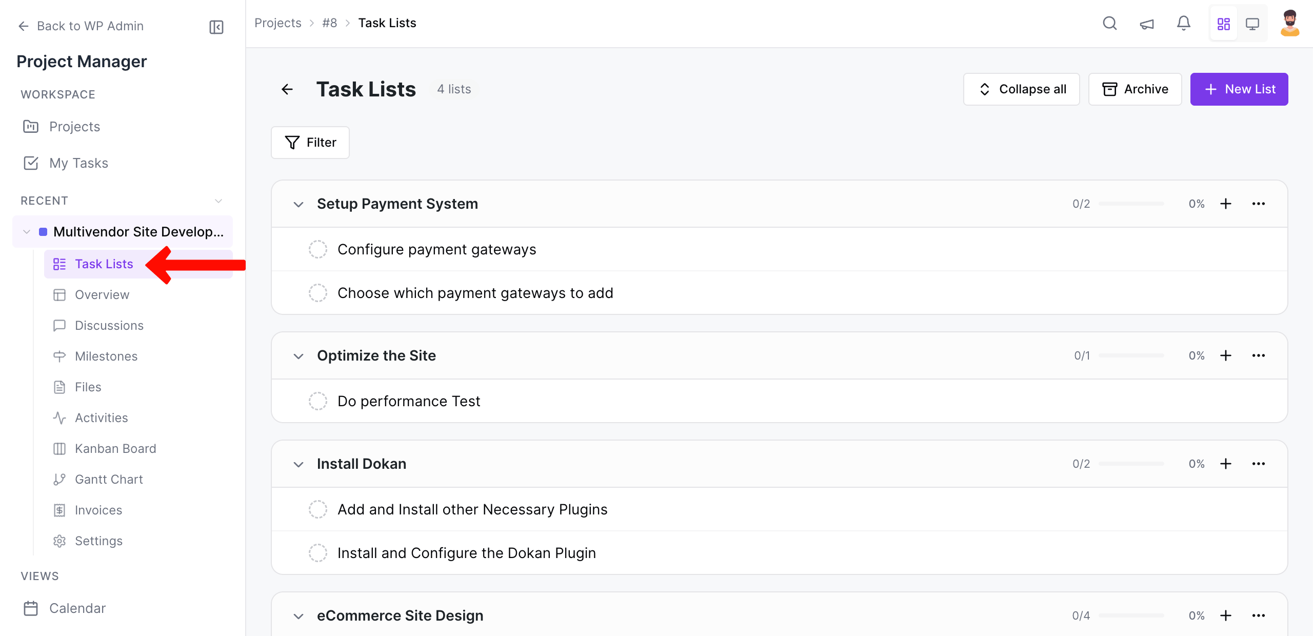Task list on WP Project Manager