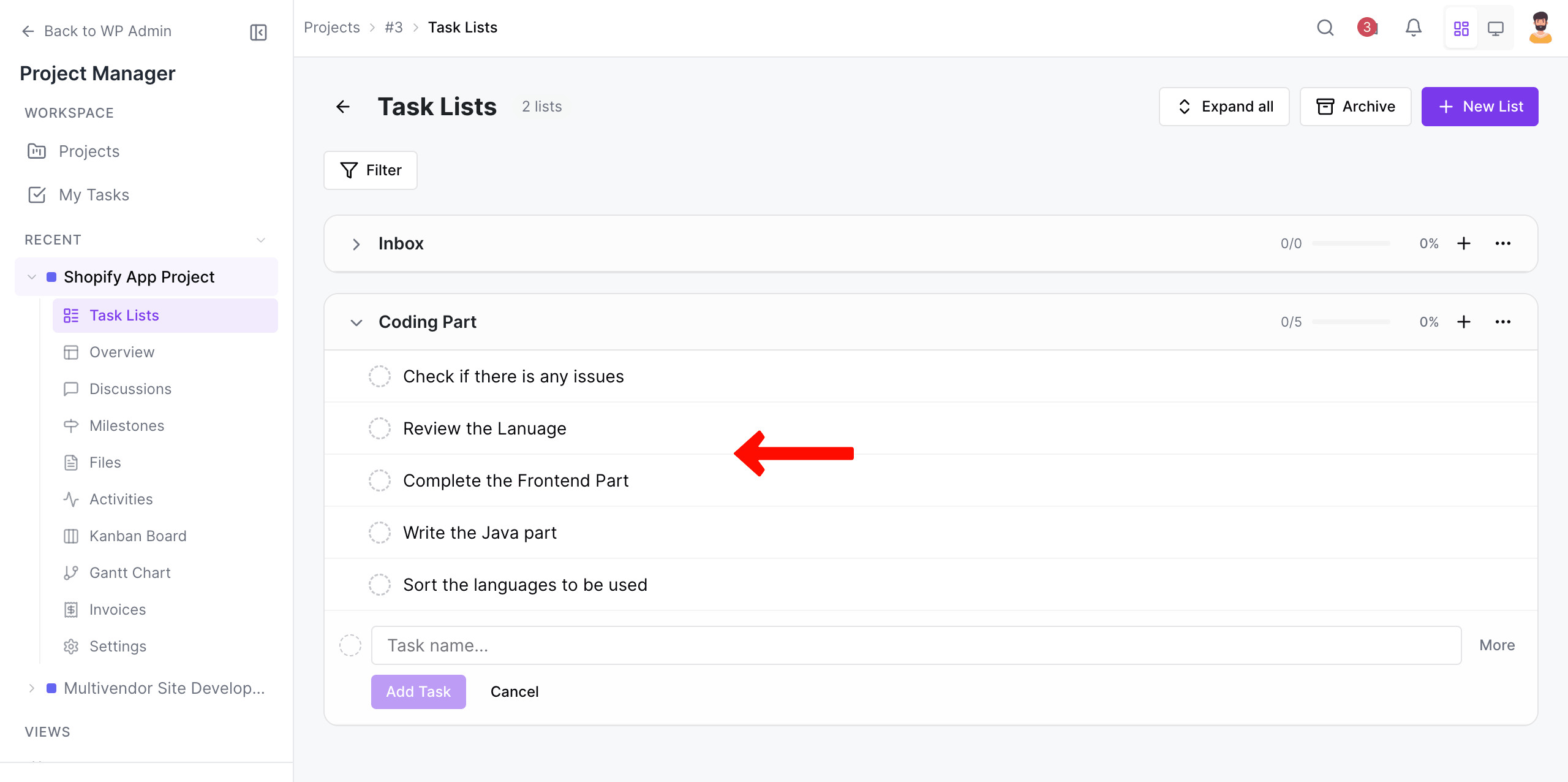 Tasks added to the list