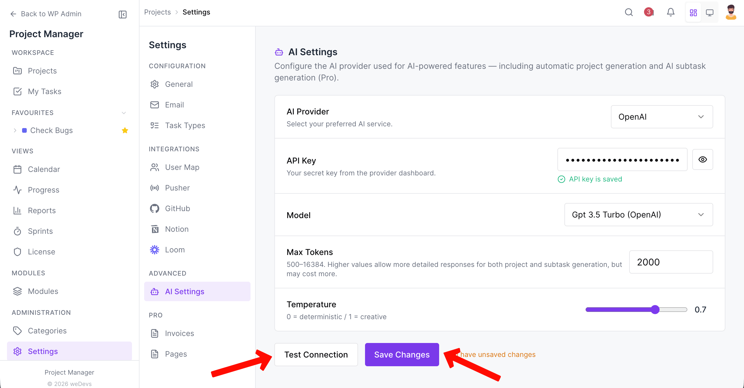 Test connection and save changes of Project Manager AI Settings