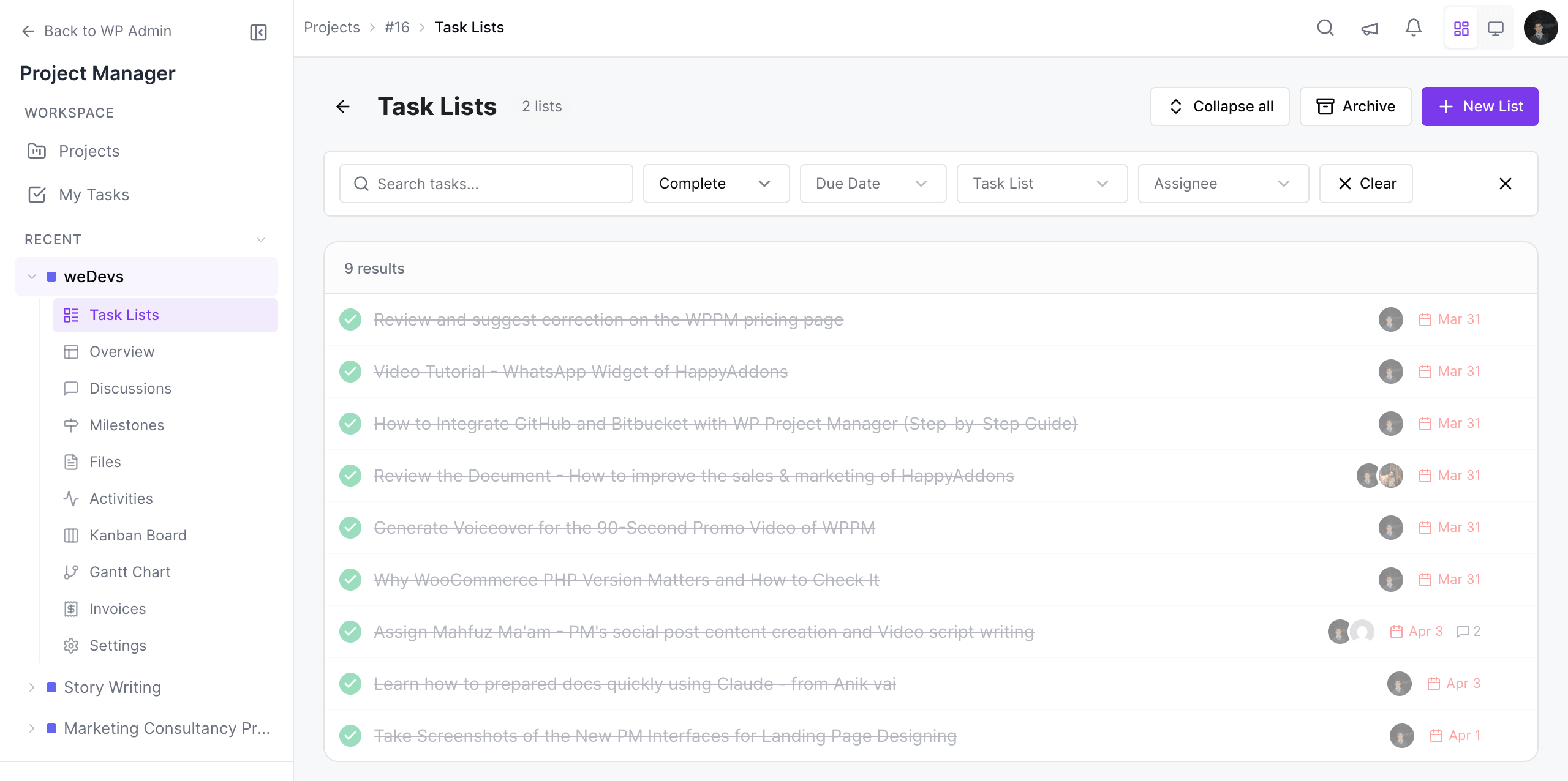 All the completed tasks have been filtered