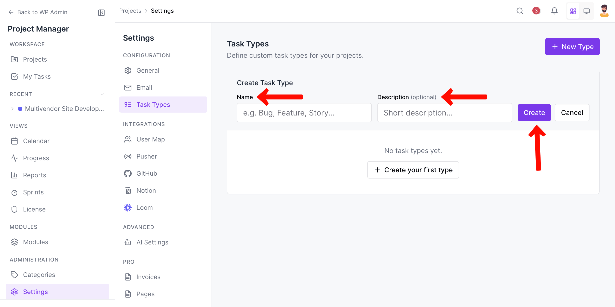 Type task name and description