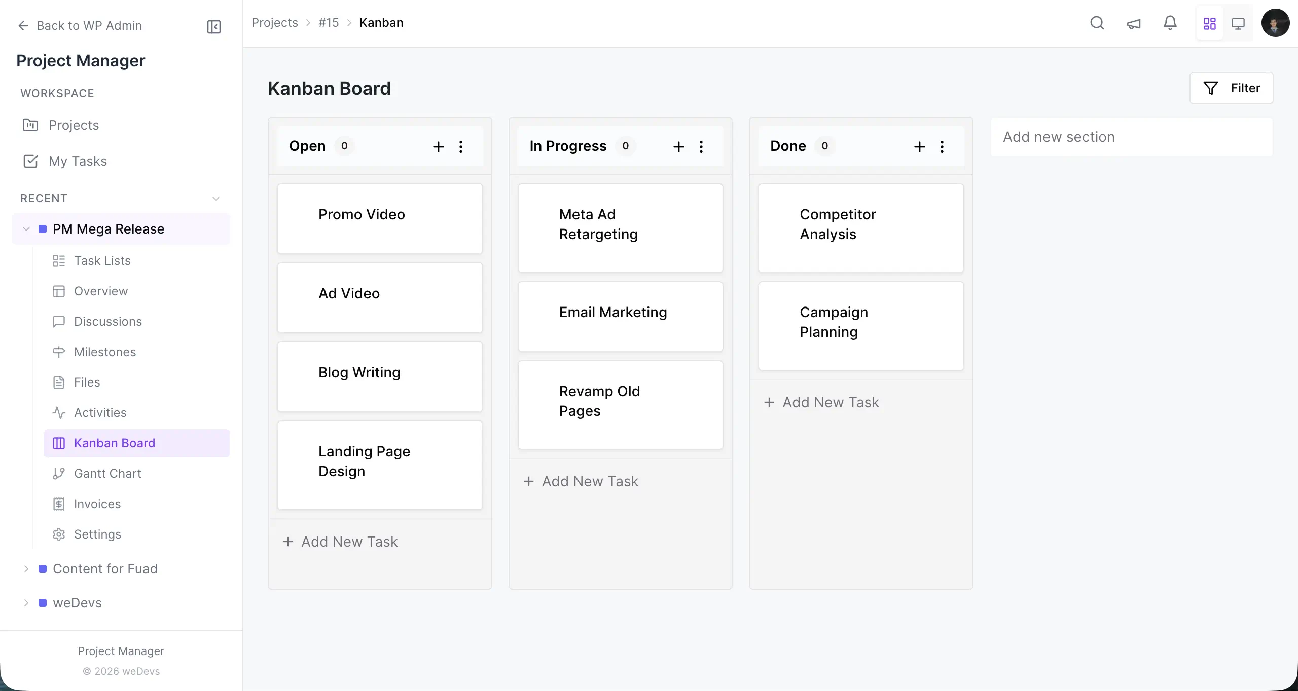 Updated Kanban Board of WP Project Manager