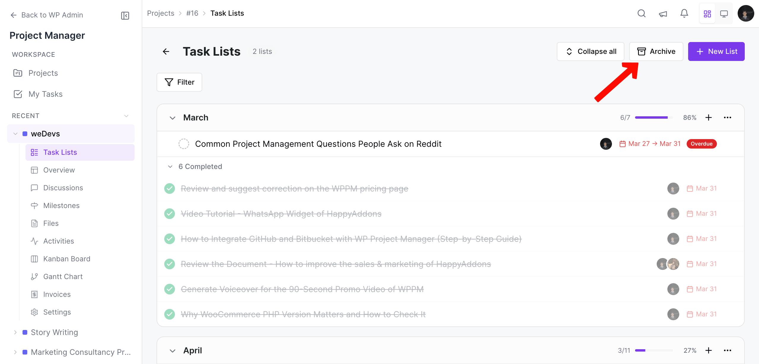 View all the archived task list in WP Project Manager