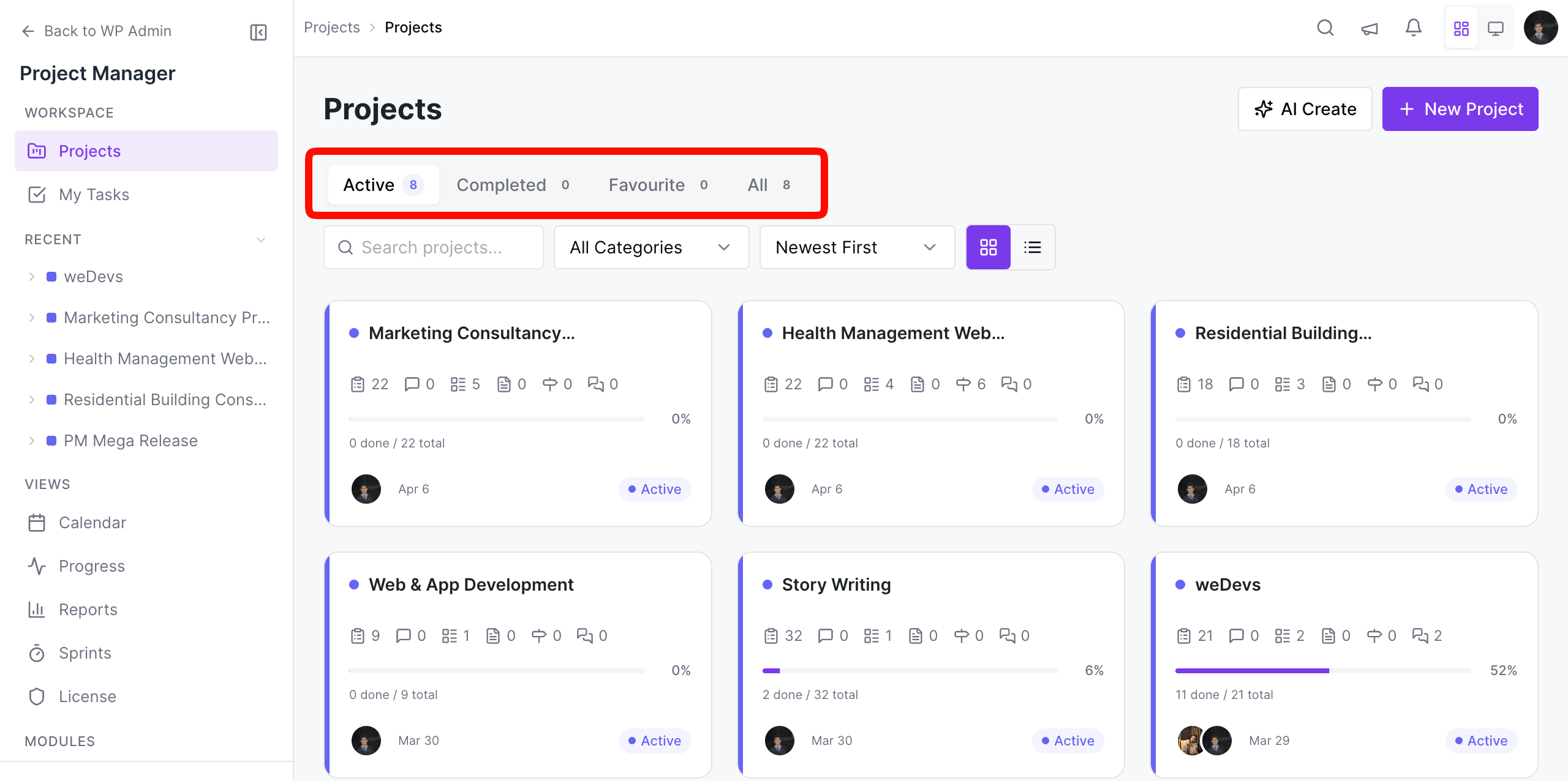 View projects by status in WP Project Manager