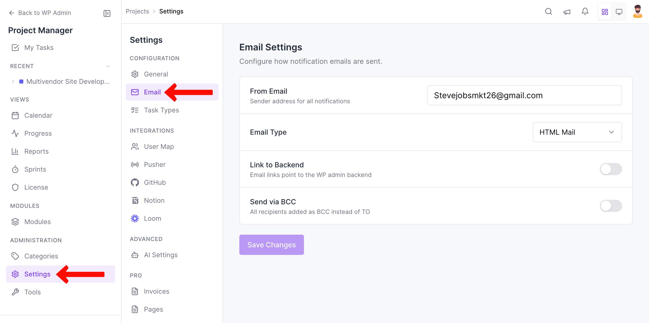 WP Project Manager Email Settings