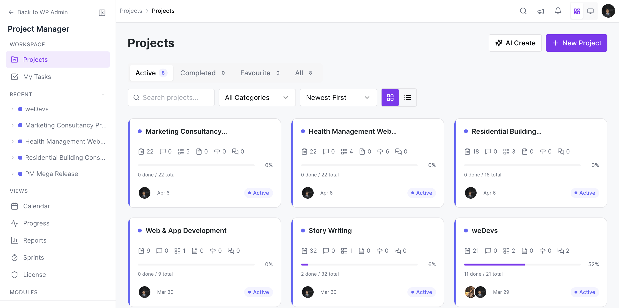 WP Project Manager dashboard view