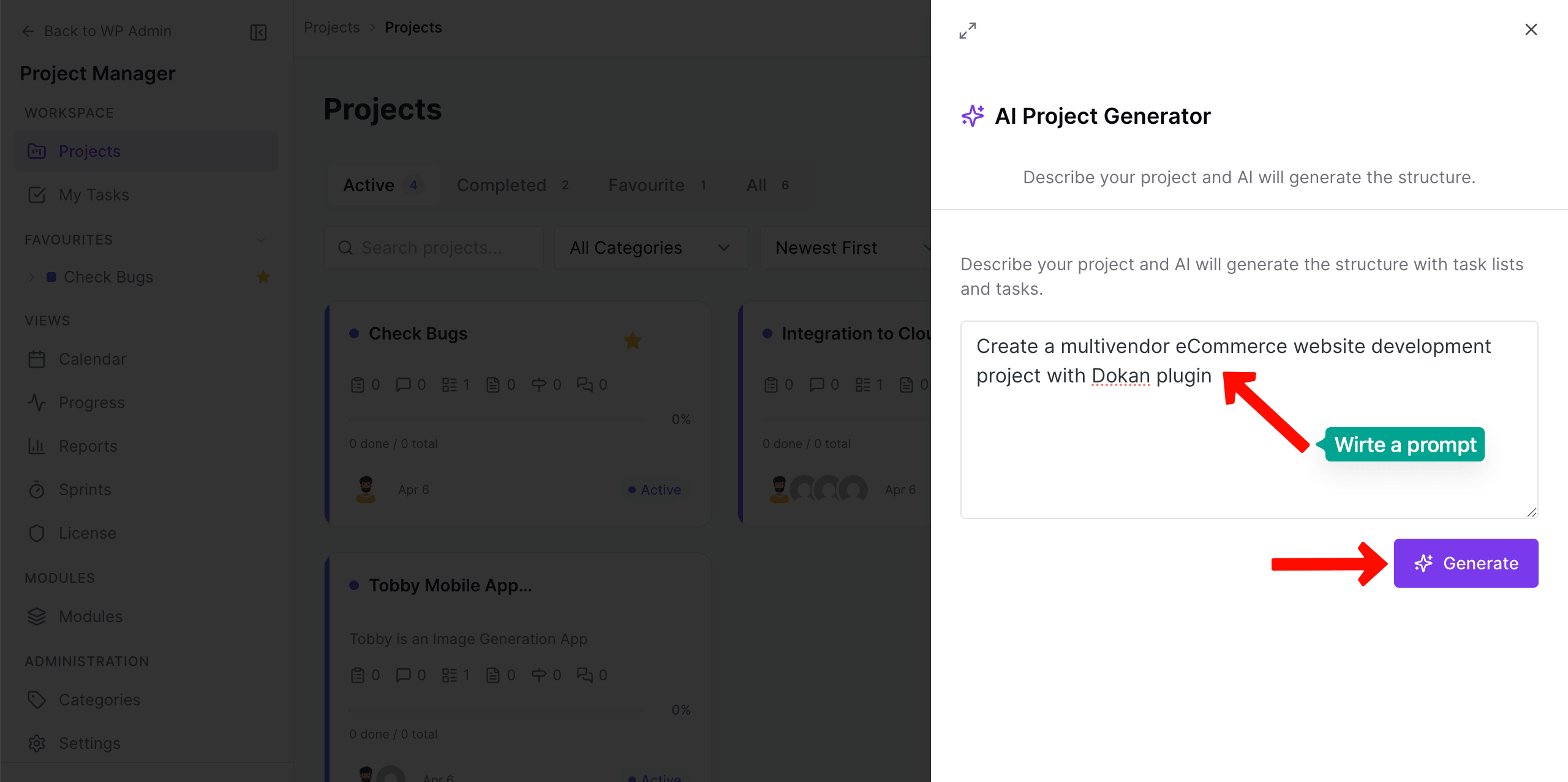 Write a prompt to create a project with AI