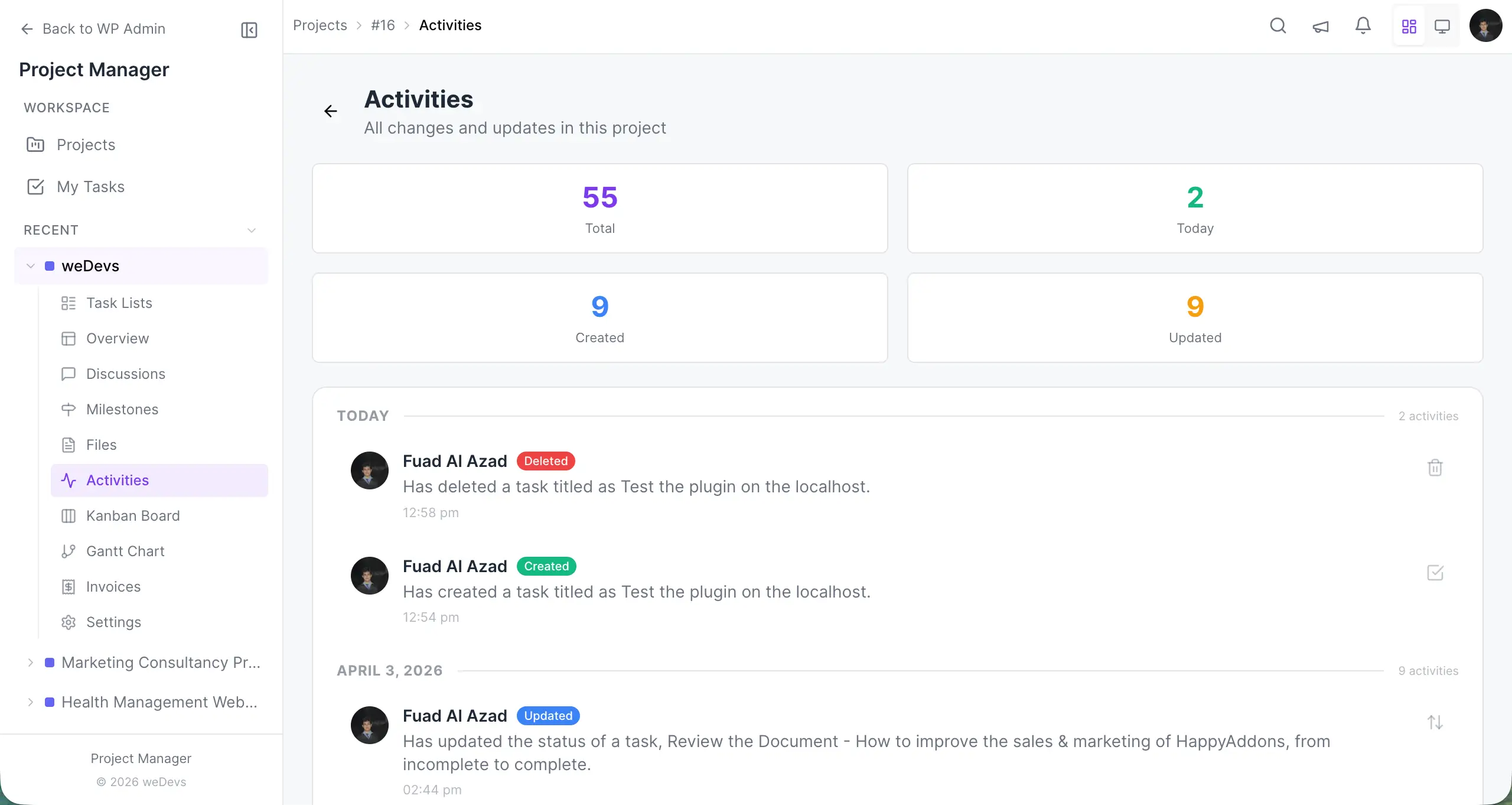Activity log of WP Project Manager