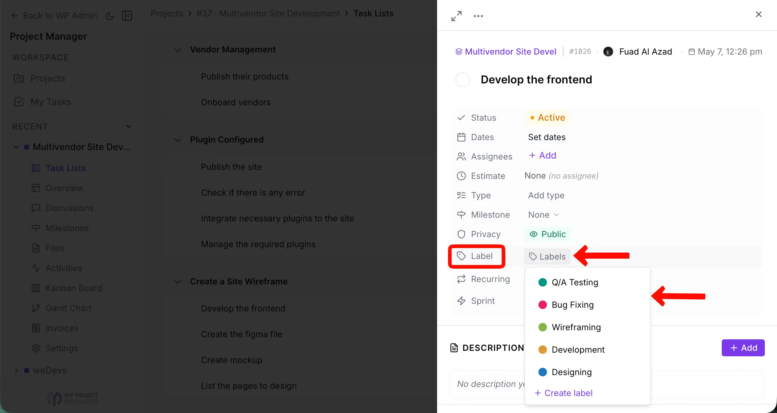 Go to the label option for task
