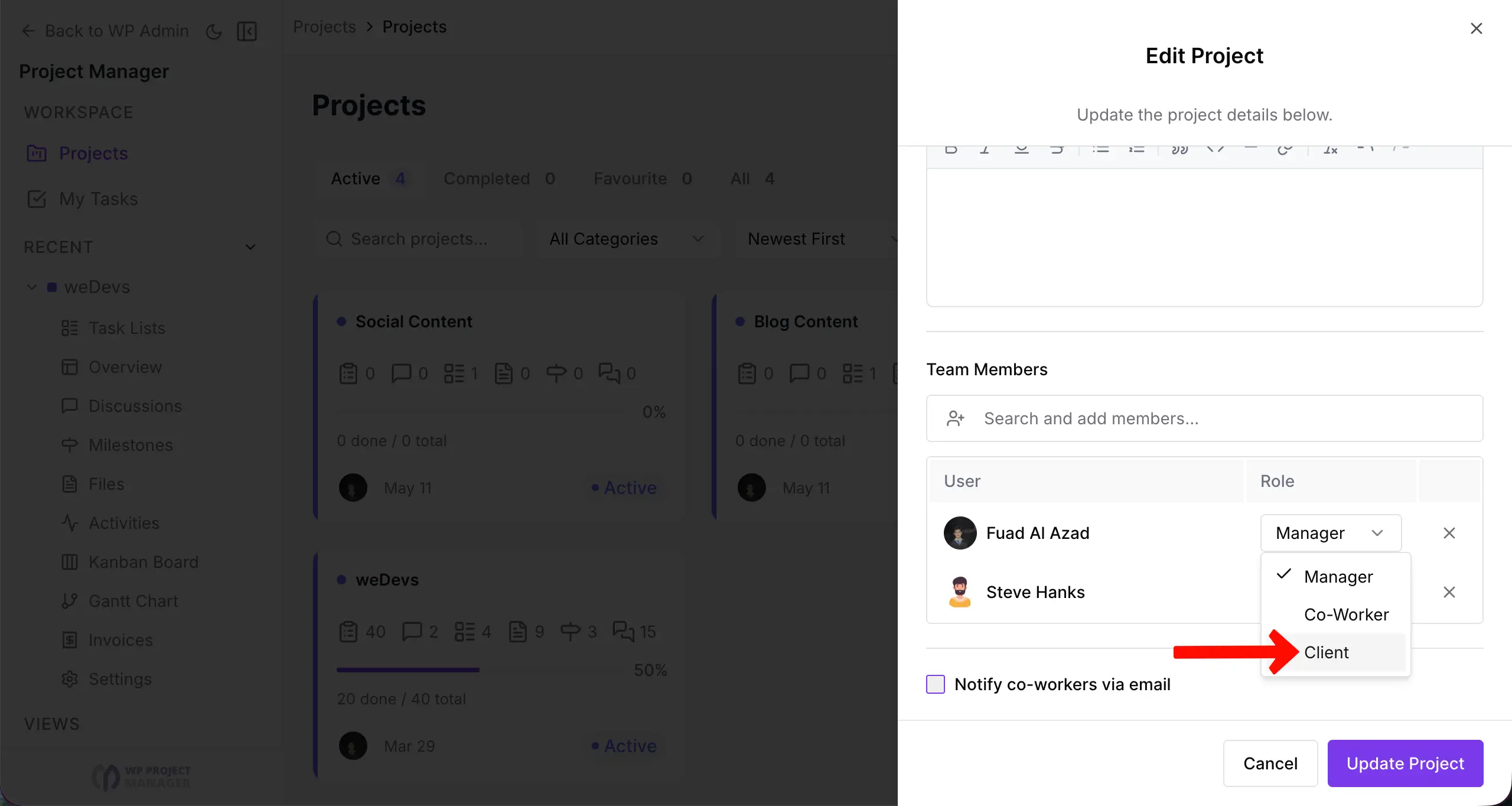 Client management with WP Project Manager