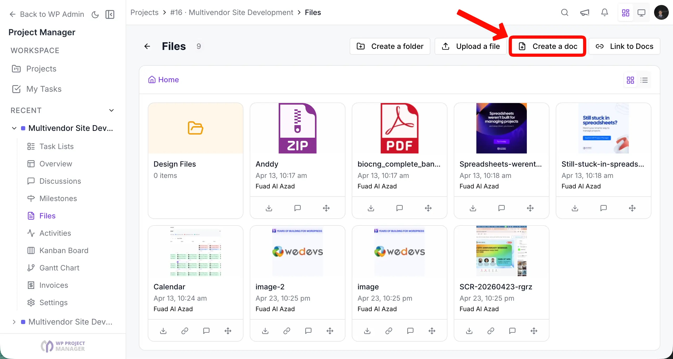 Create a doc in WP Project Manager