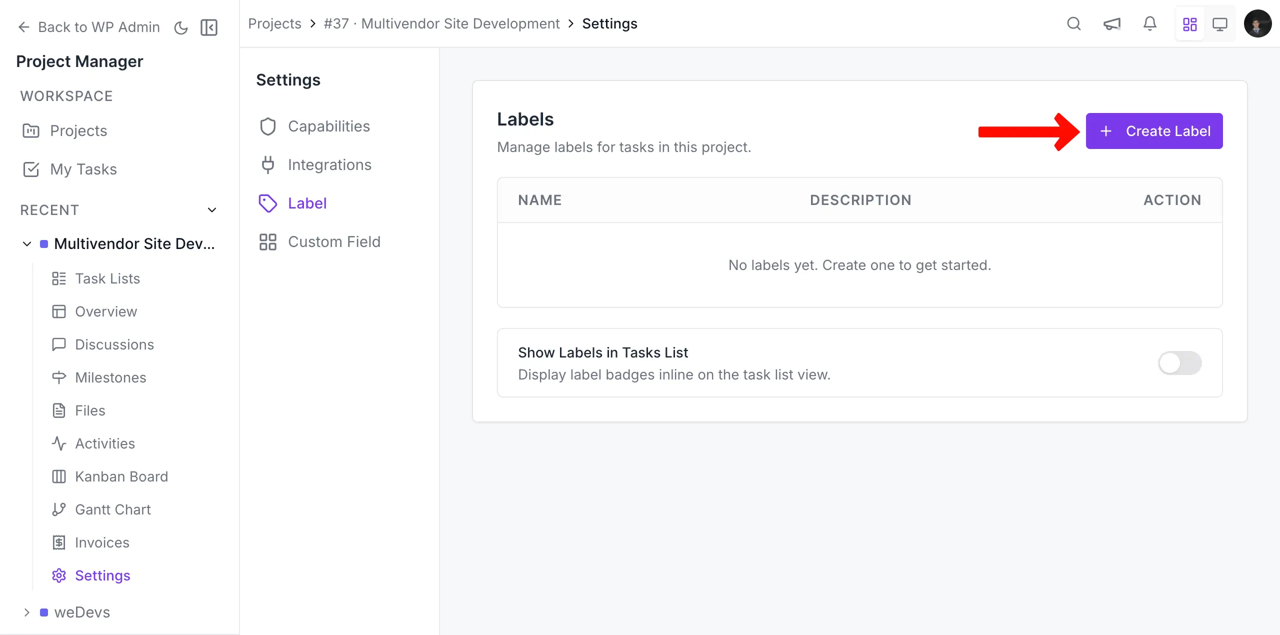 Create label on project manager
