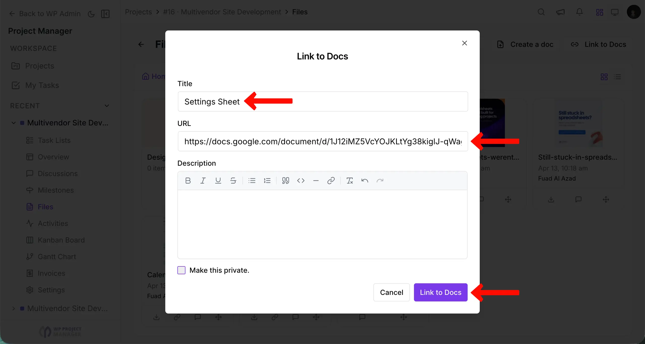 Link a doc to the project management file