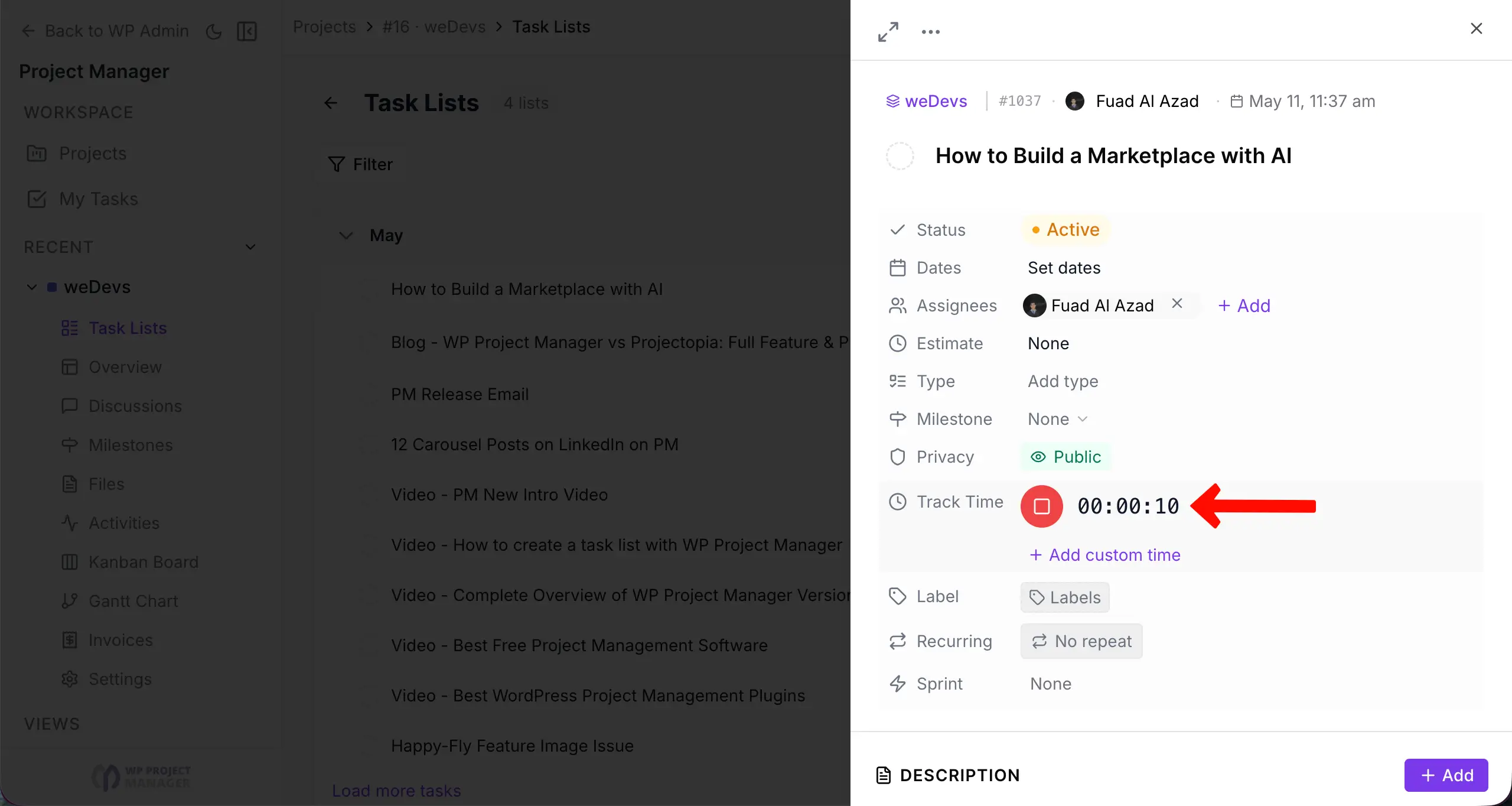 Use the Time Tracker of WP Project Manager