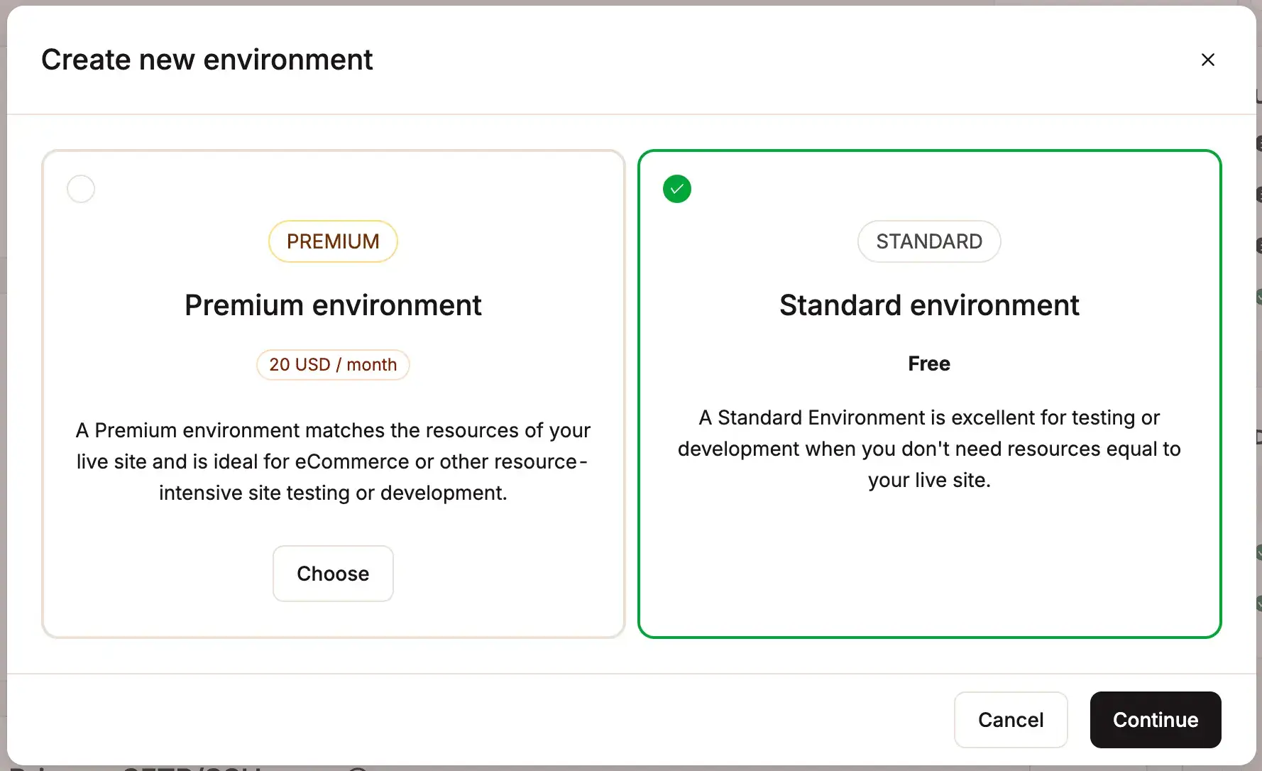 Creating a new environment with Kinsta