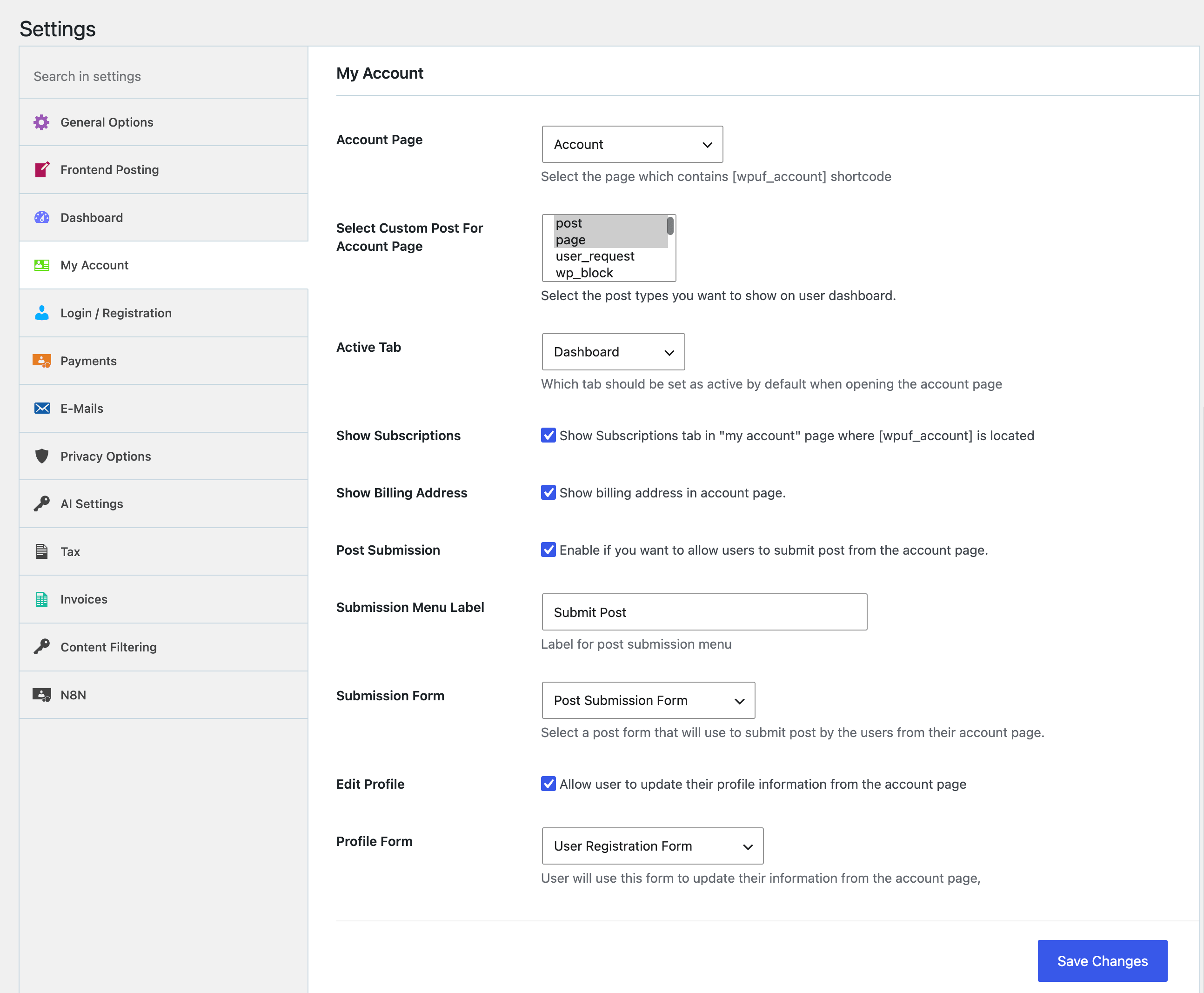 Configure the My Account Page