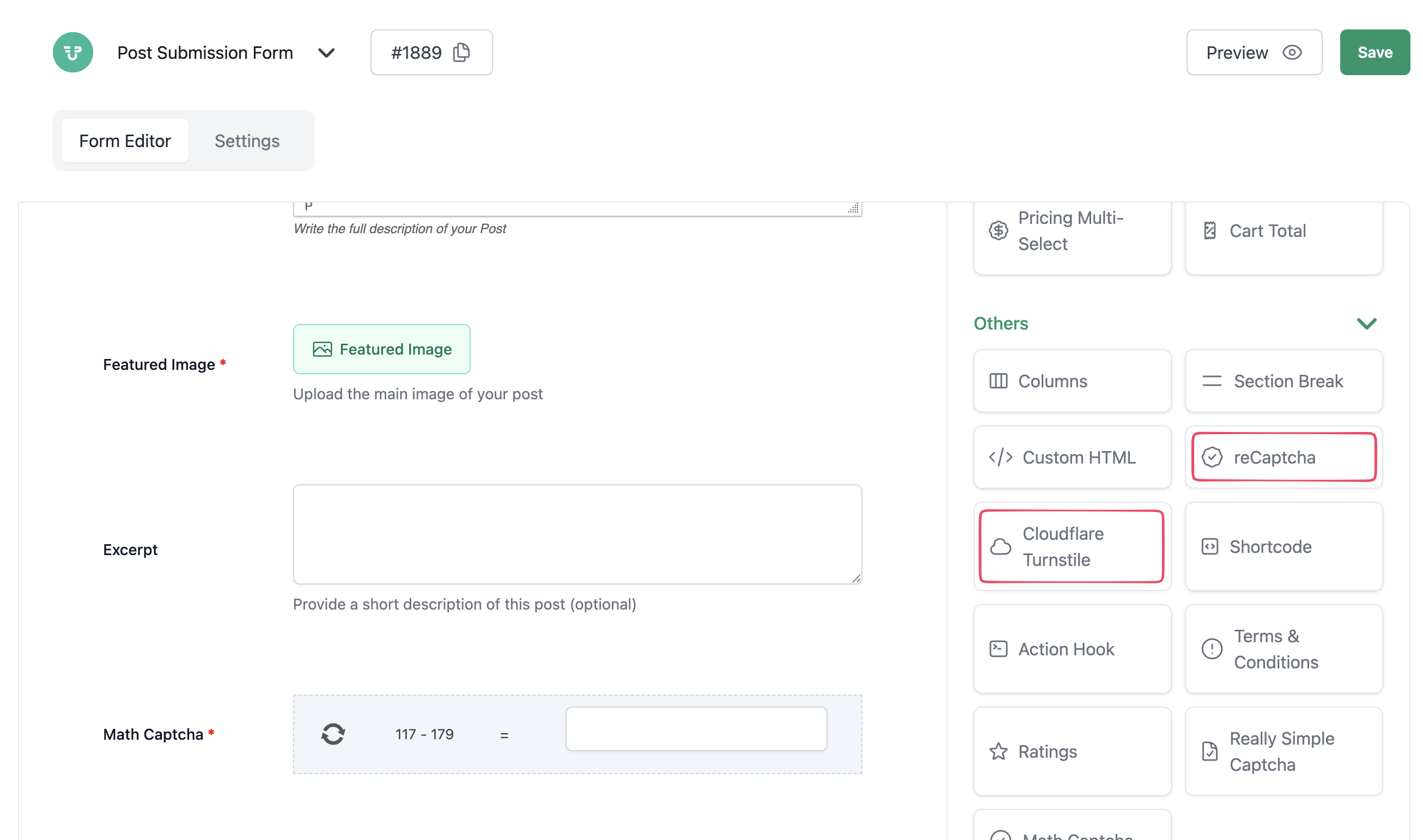 Cloudflare Turnstile field added to a WP User Frontend post form in the form builder