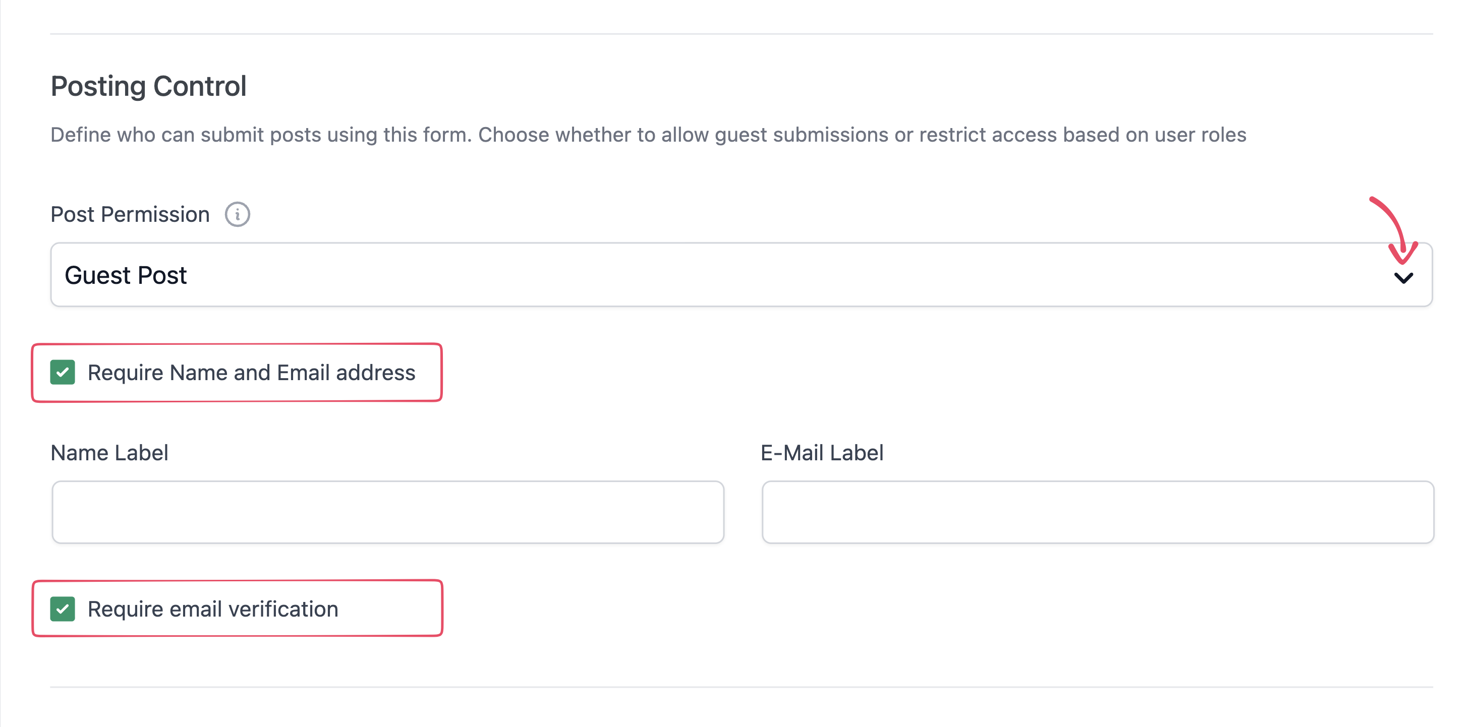 Guest post email verification option in the General tab of WP User Frontend form settings