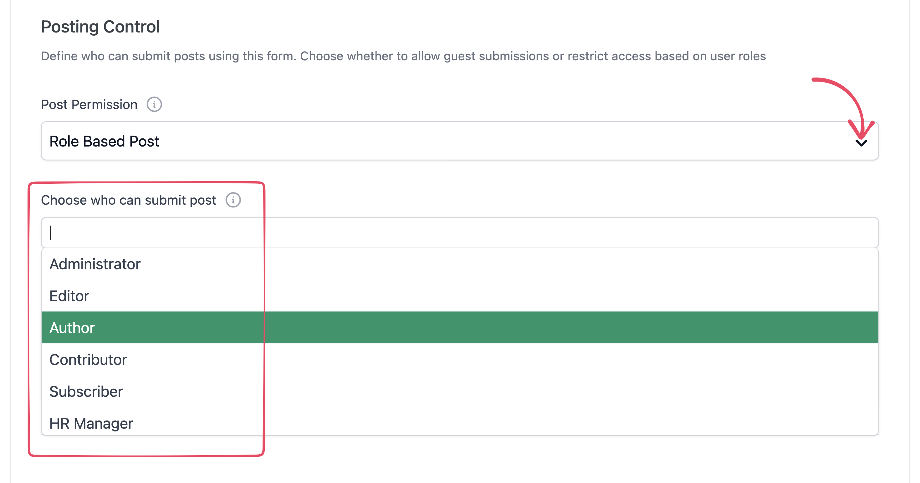 User role restriction setting in the General tab of a WP User Frontend post form