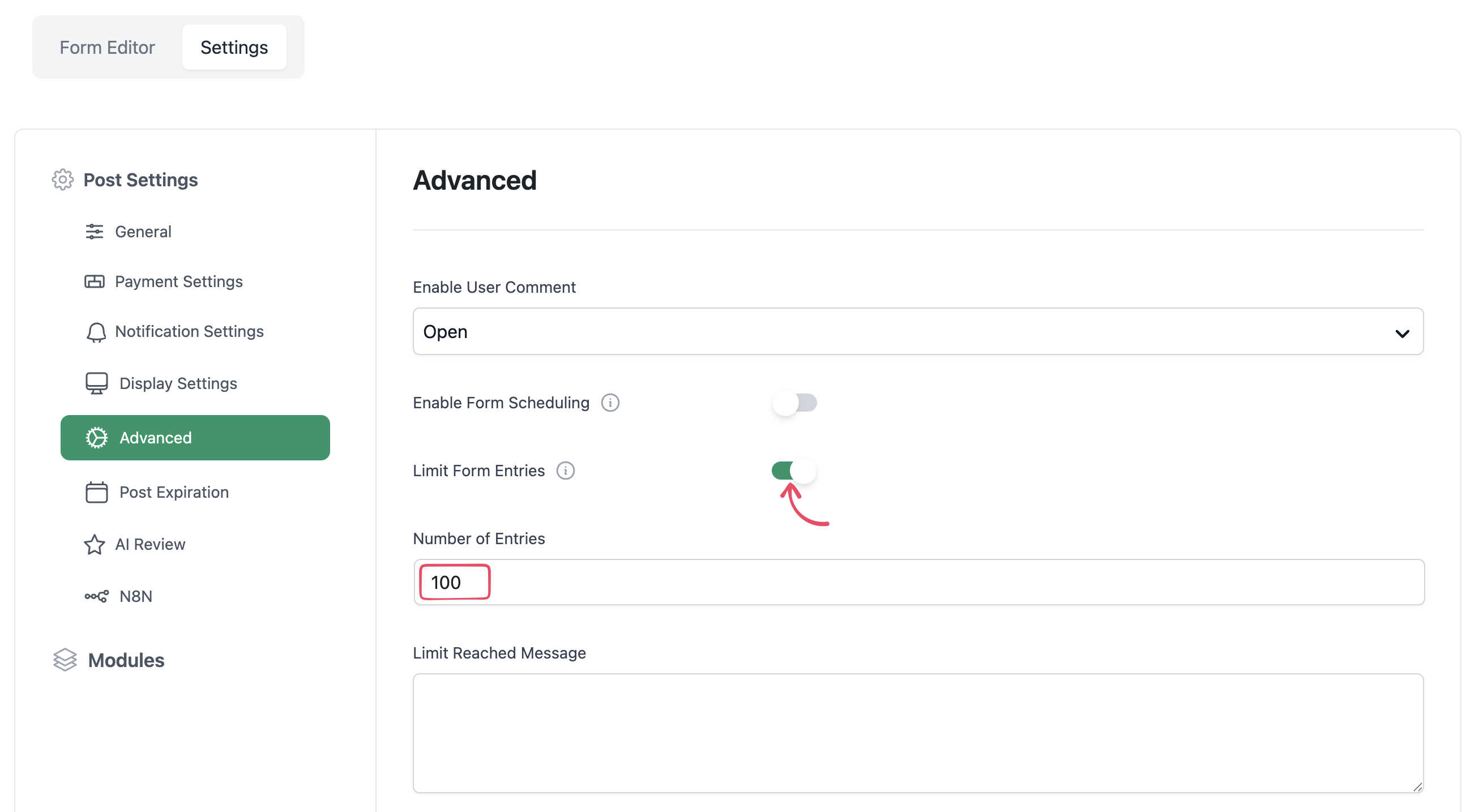 Entry limit and form schedule options in the Advanced tab of WP User Frontend form settings