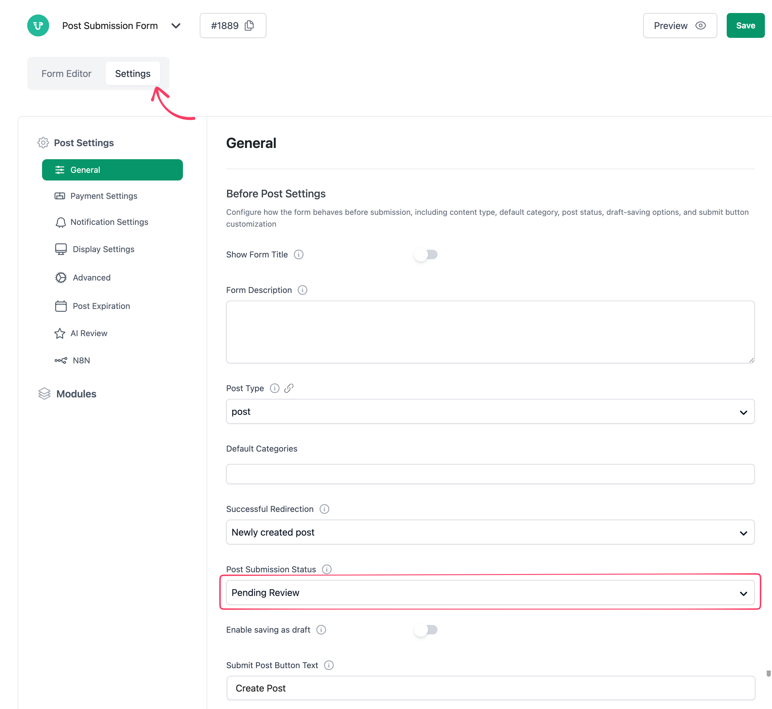 WP User Frontend post form Settings tab with the post status for new submissions set to Pending