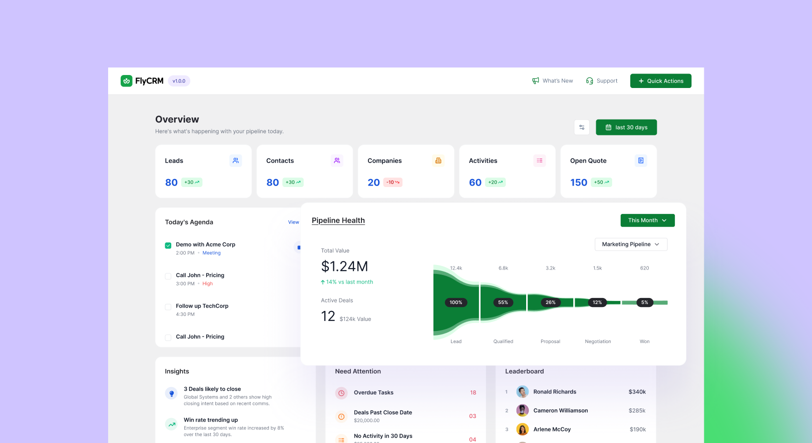 FlyCRM dashboard overview in WordPress showing lead, contact, company and deal counts alongside a pipeline health funnel