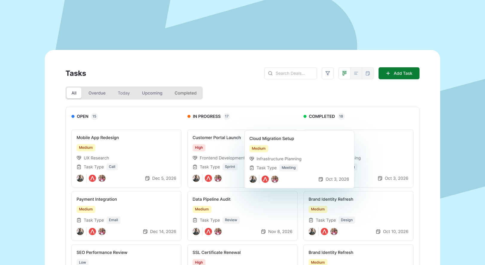 FlyCRM tasks board with Open, In Progress and Completed columns showing task cards with priority, type, assignees and due dates