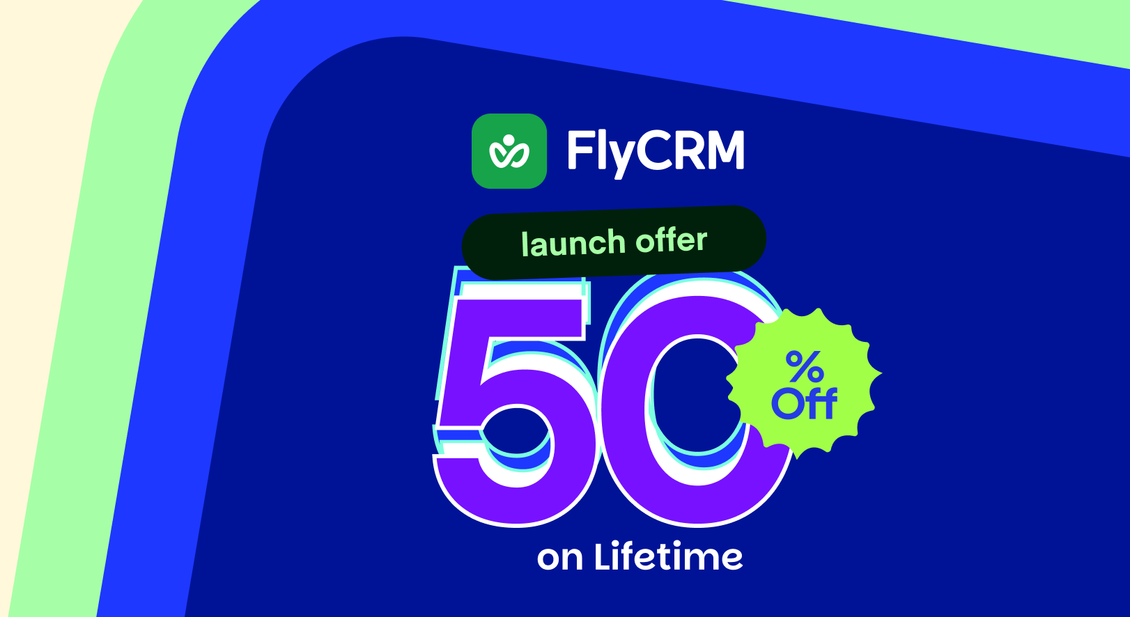 FlyCRM launch offer banner announcing 50% off on lifetime licenses