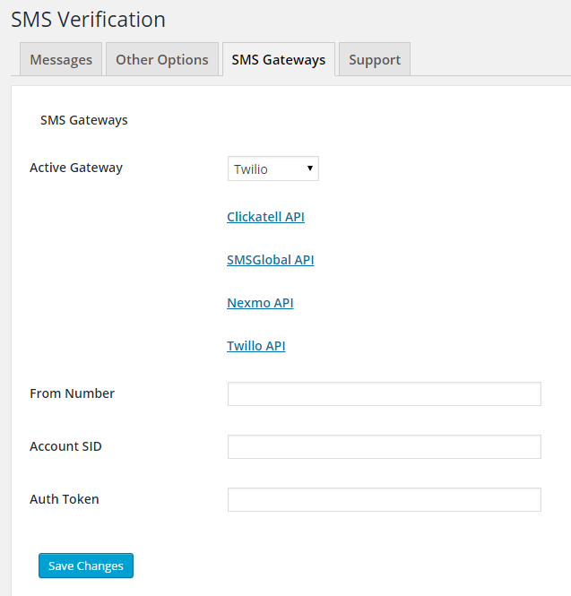 SMS Verification Gateway Configuration