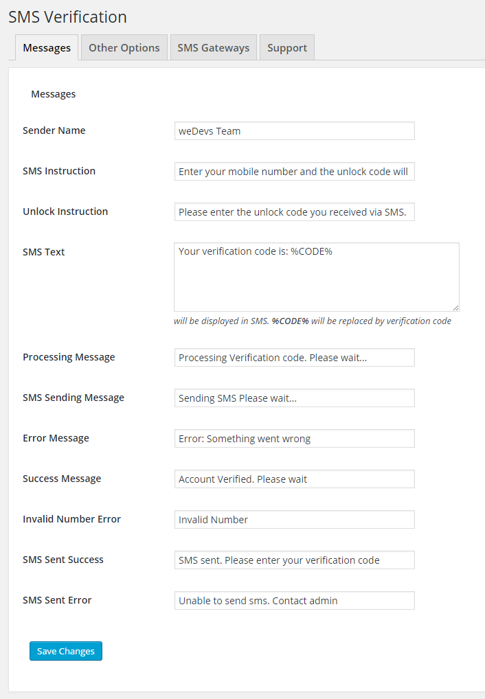 SMS Verification Message Settings