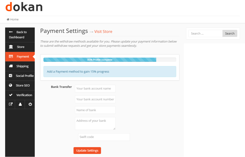 This image shows dokan vendor payment settings