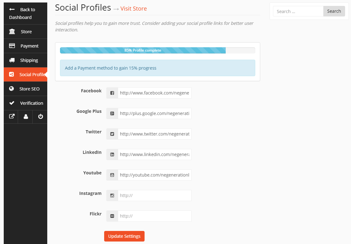 dokan vendor social profile
